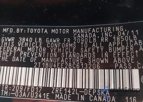 2011 Toyota Corolla S из США, поврежденный, VIN 2T1BU4EE2BC613206